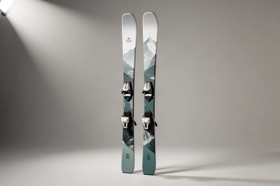 Pair of women's all-mountain skis standing upright on a neutral grey studio backdrop