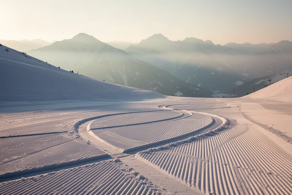Frisch präparierte Piste bei Sonnenaufgang mit geschnittenen Skispuren und Bergketten