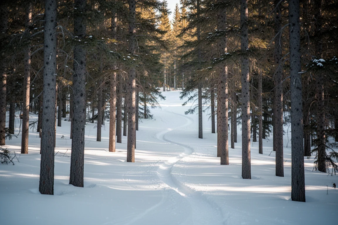 Skilinie durch eine baumdurchsetzte Abfahrt mit weichem Schnee und geflecktem Licht