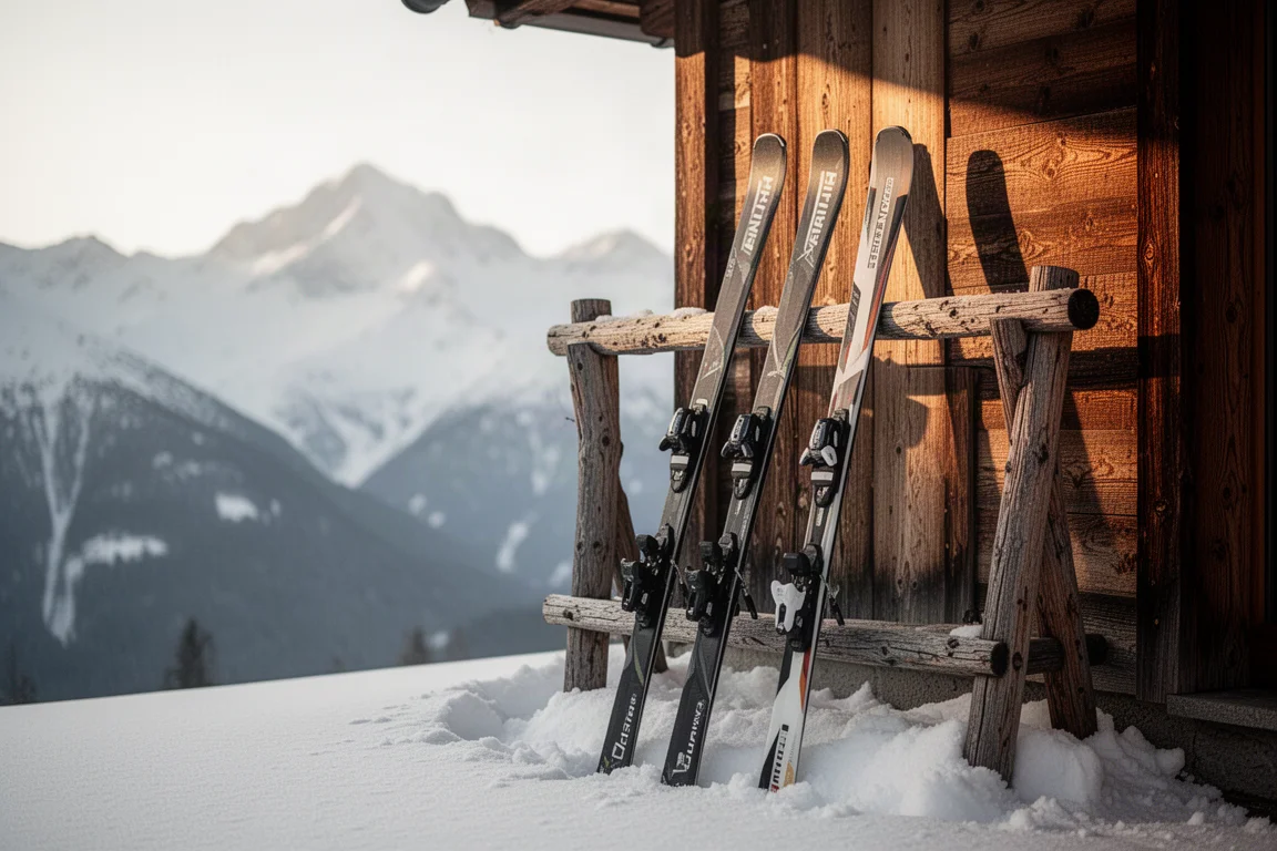 Skis, die im Abendlicht an einem Holzständer vor einer Berghütte lehnen