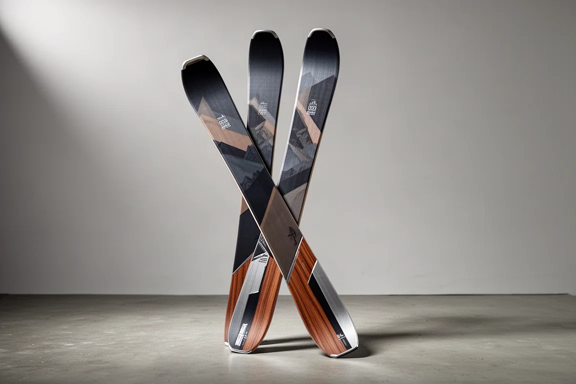 Pair of women's all-mountain skis with dark topsheets standing on a concrete surface