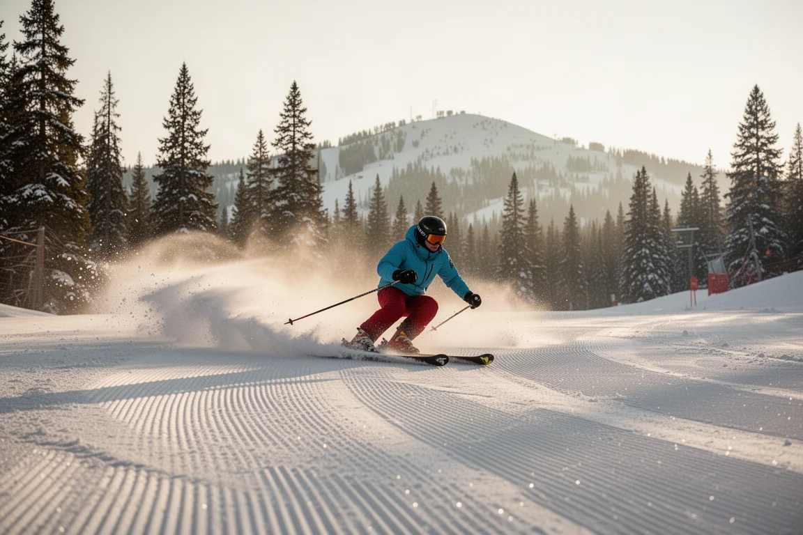 Advanced skier carving a long turn on a groomed piste in early morning light
