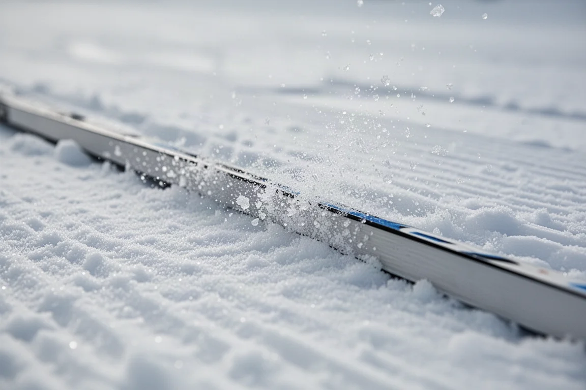 Close-up of a ski edge cutting into firm groomed snow with ice crystals flying