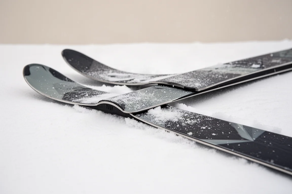 Pair of all-mountain skis laid on fresh snow showing tip rocker and camber