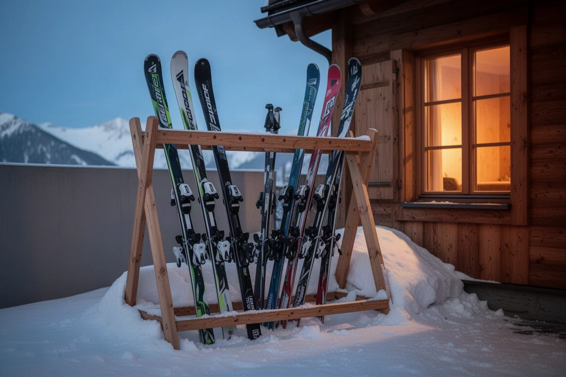 Wooden ski rack outside a mountain lodge at dusk with skis leaning upright