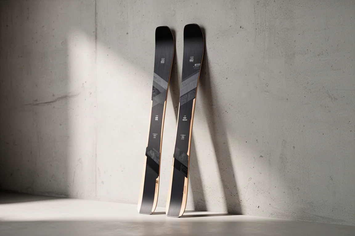 Pair of Salomon Stance W 88 all-mountain skis standing against a concrete wall