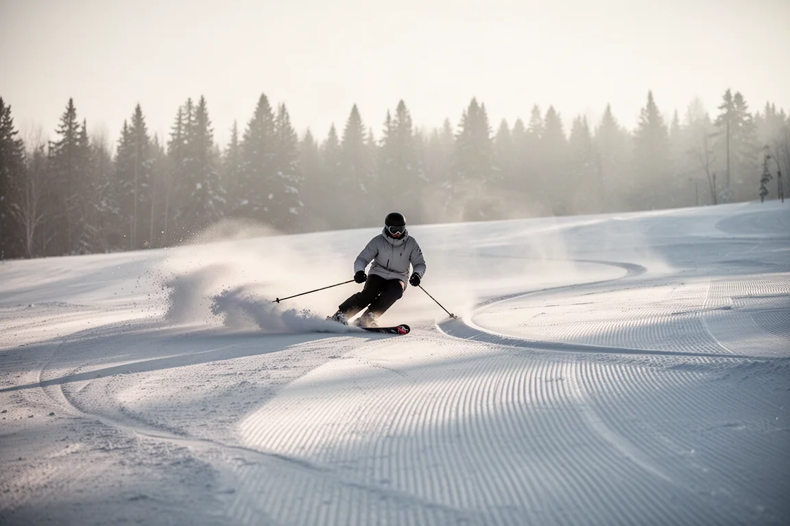 Skier carving a long arc across a freshly groomed slope in early morning light