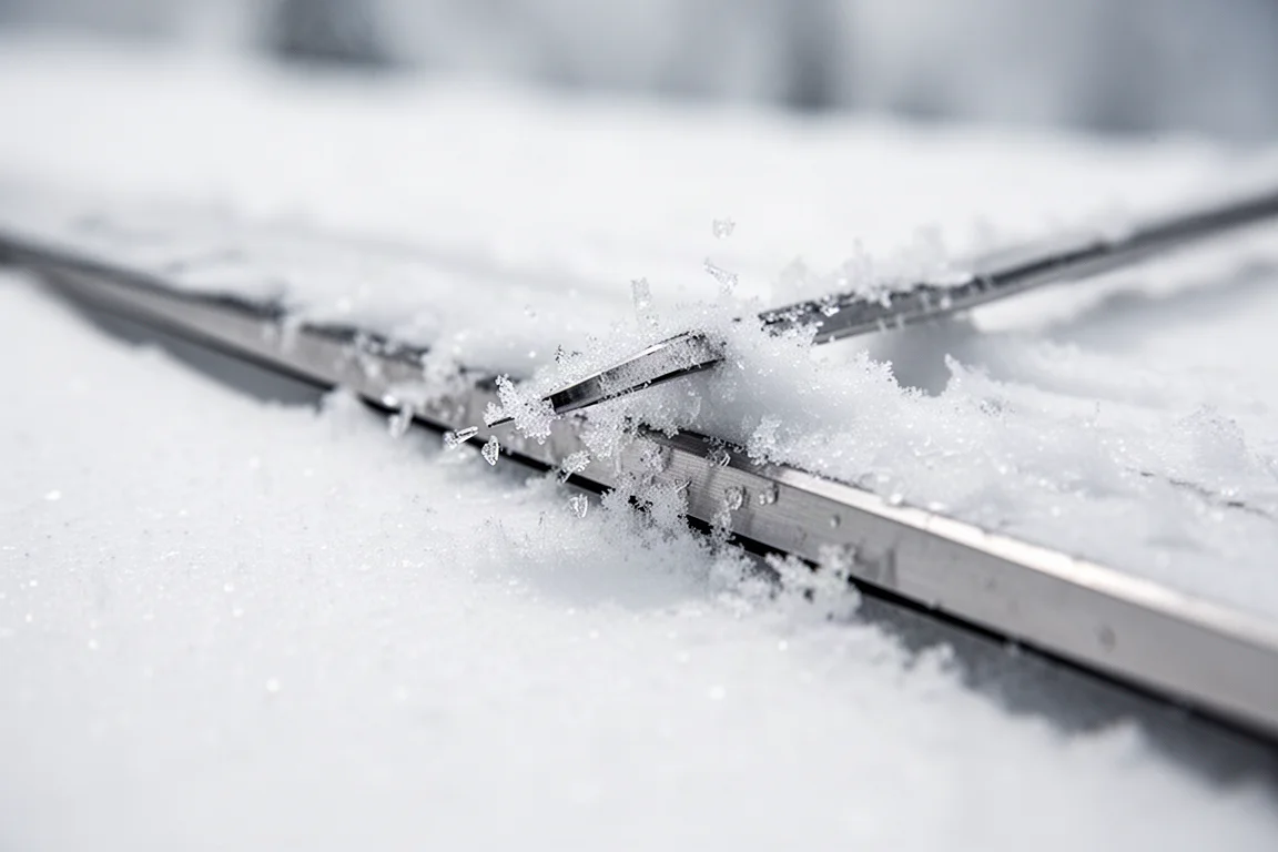 Close-up of a ski edge biting into firm groomed snow with snow crystals lifting