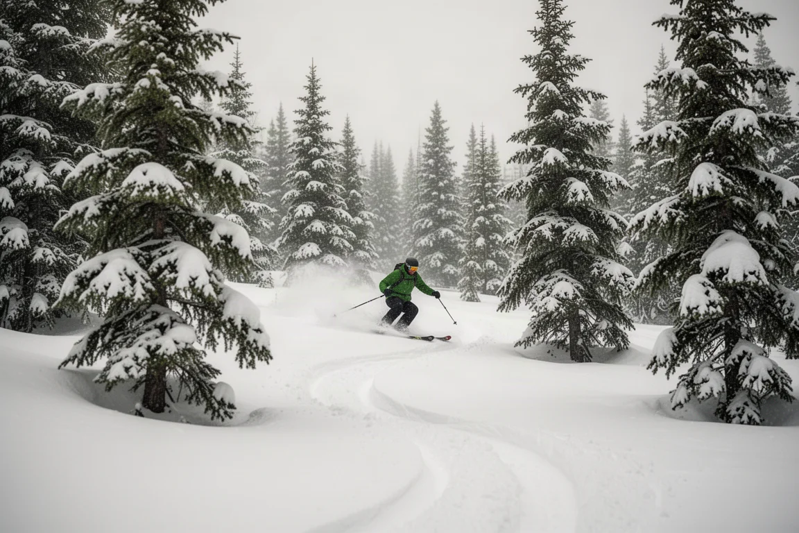 All-mountain skier weaving through a gladed tree run with soft snow