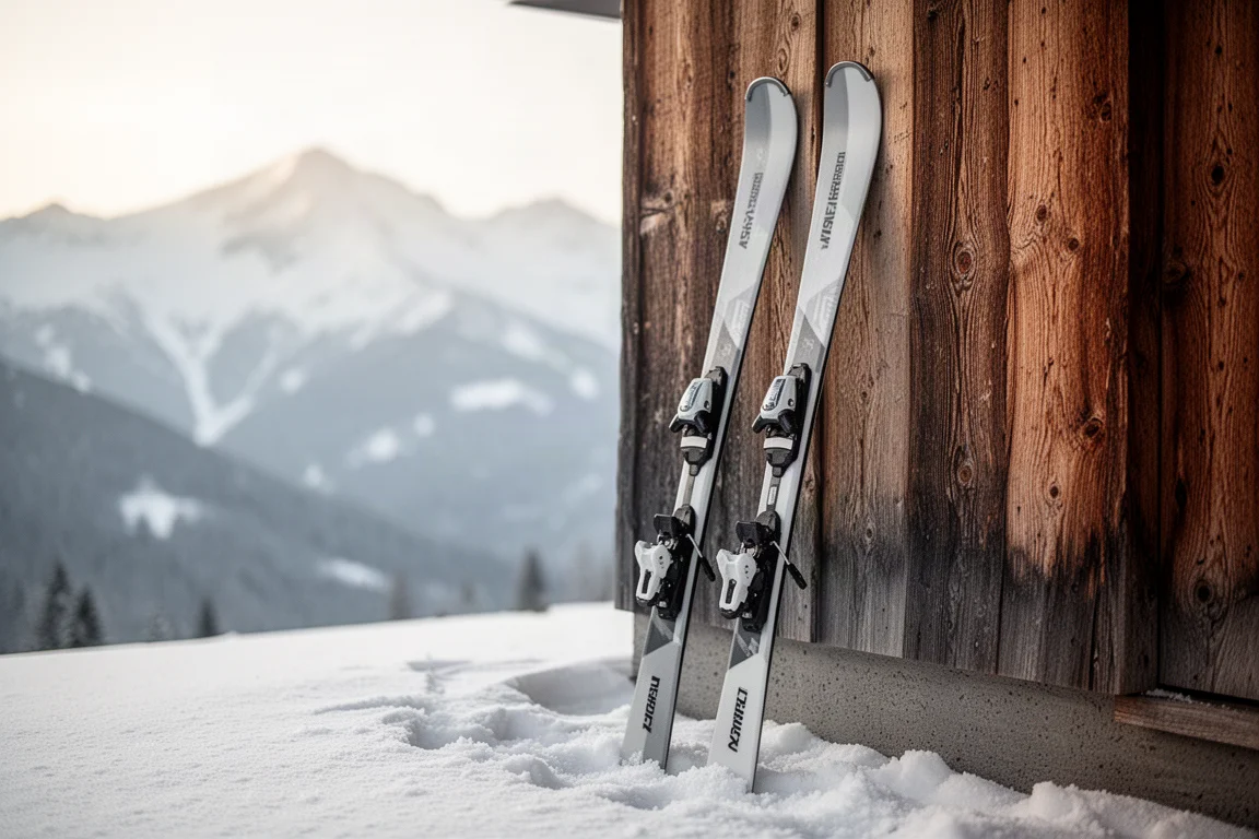 Pair of all-mountain skis leaning against a wooden ski resort wall in winter