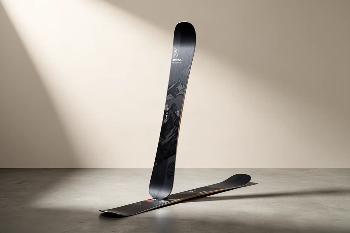 All-mountain ski standing upright on a concrete surface in soft studio light