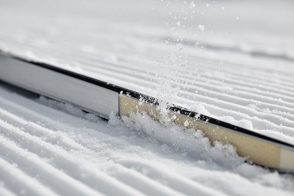 Primer plano de un canto y el lateral de un esquí agarrándose a nieve firme preparada