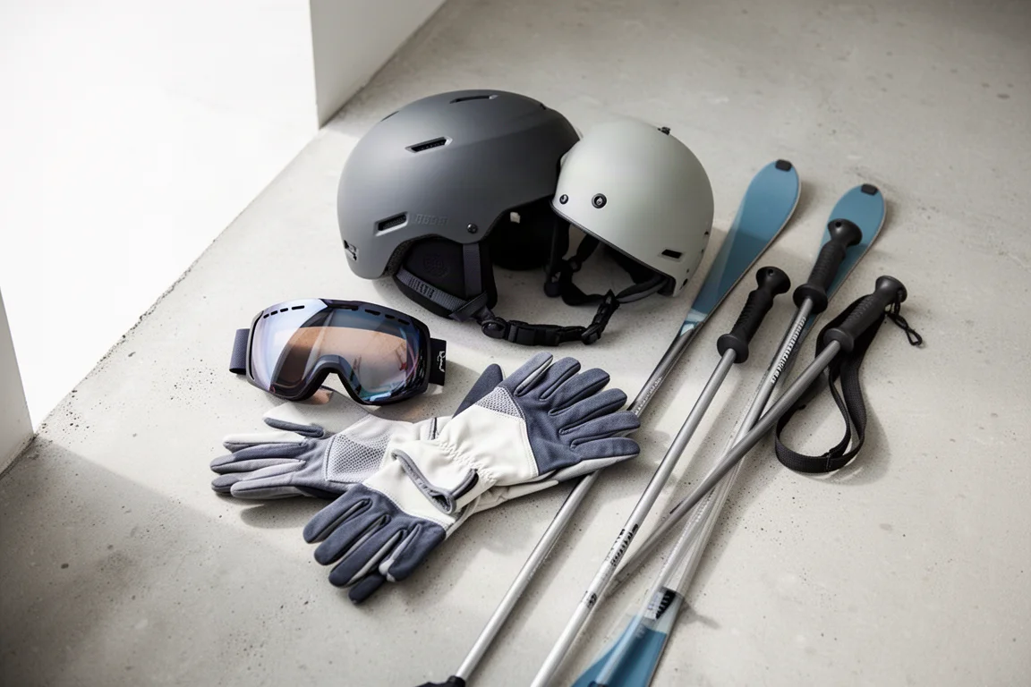 Vista cenital de casco de esquí, gafas, guantes y bastones sobre hormigón