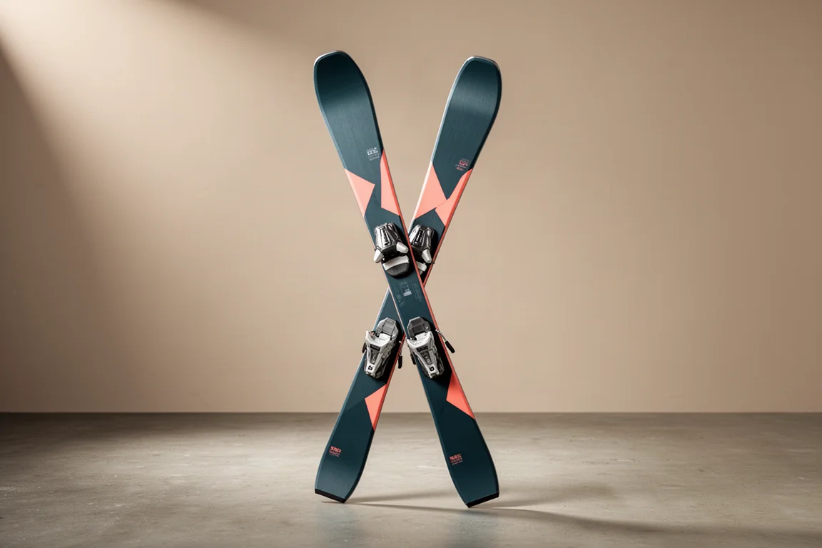 Par de esquís all-mountain de mujer colocados en vertical sobre una superficie de hormigón mate