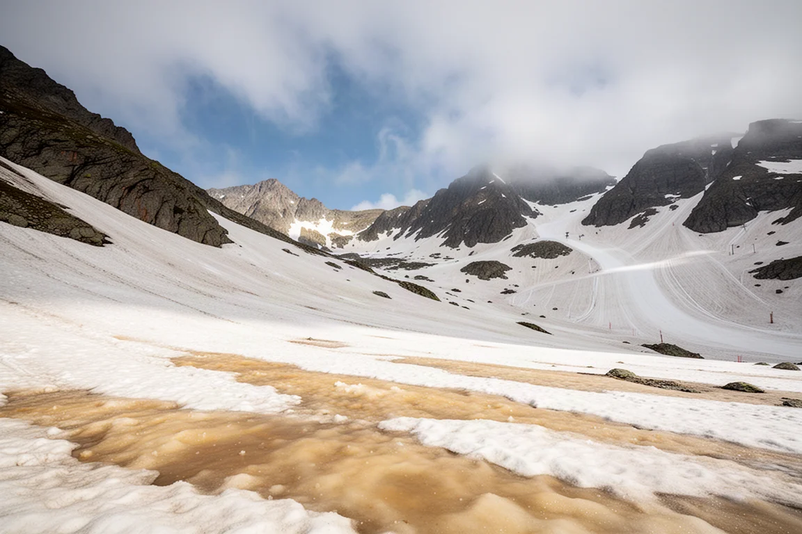 Spring snow on a high alpine slope with slush in the sun and cold snow in the shade