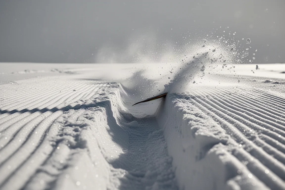Snowboard edge carving a deep trench through corduroy snow with spray off the tail