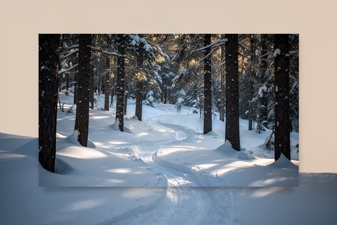 Tight gladed tree run with soft powder snow and fresh curving tracks between trunks