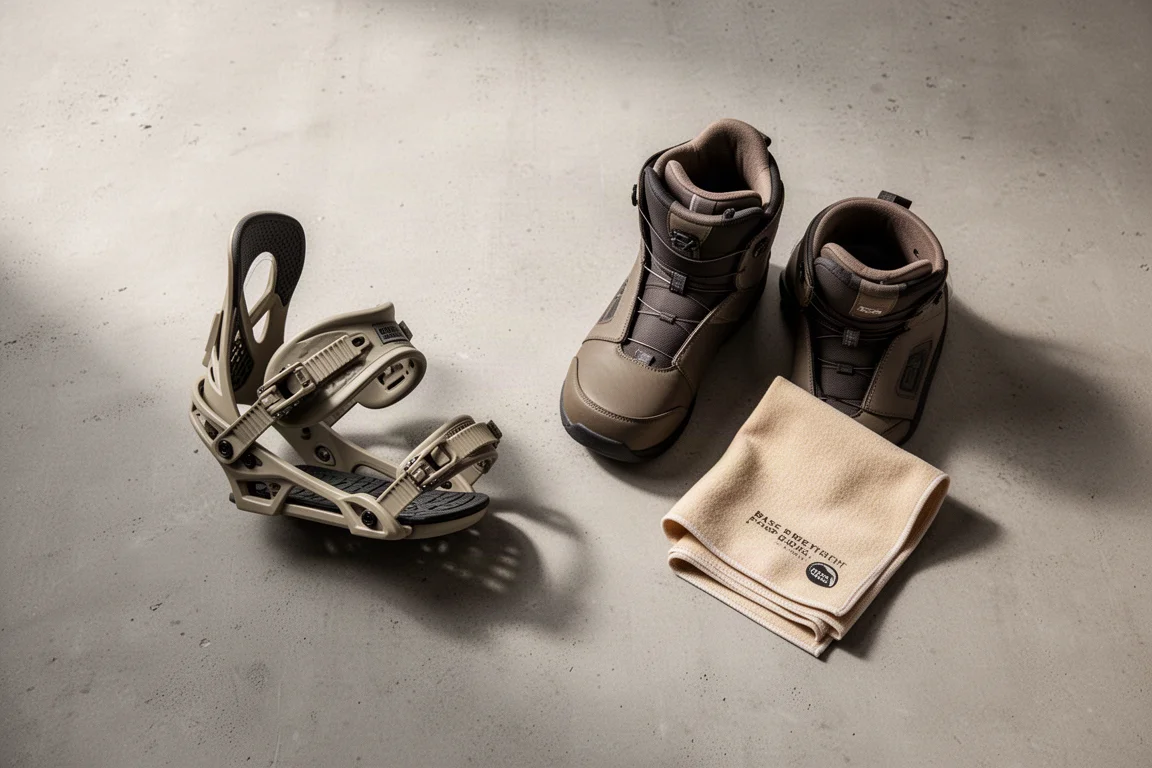 Snowboard binding, boots and folded wax cloth arranged overhead on a concrete surface