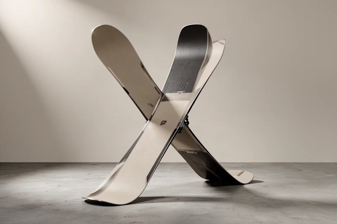 Directional freeride snowboard standing upright on a matte concrete surface