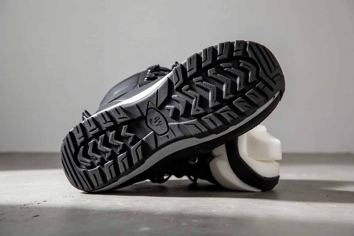 Profilgummisohle eines Snowboardboots gegen Beton gedrückt
