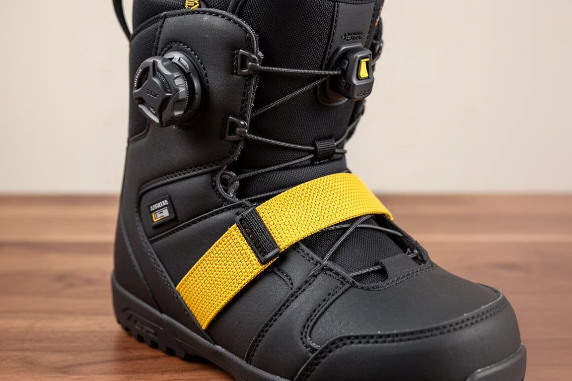 Schnellverschnürung mit Haken und Klemmdetail an einem Snowboardboot