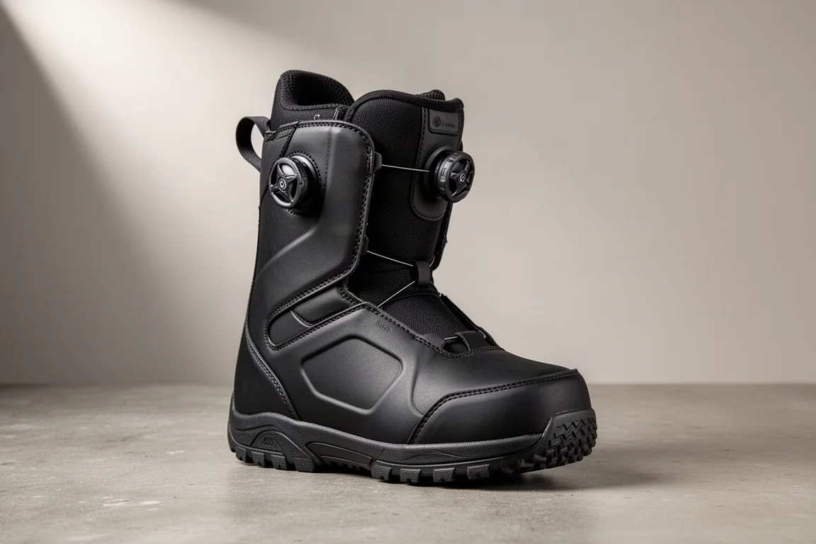 Stivale da snowboard Salomon Synergy appoggiato su una superficie in cemento