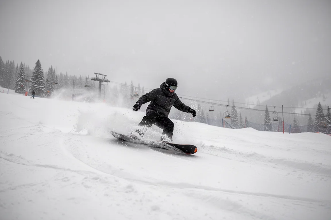 Snowboarder cerrando un giro en polvo sobre una pista pisada con montículos