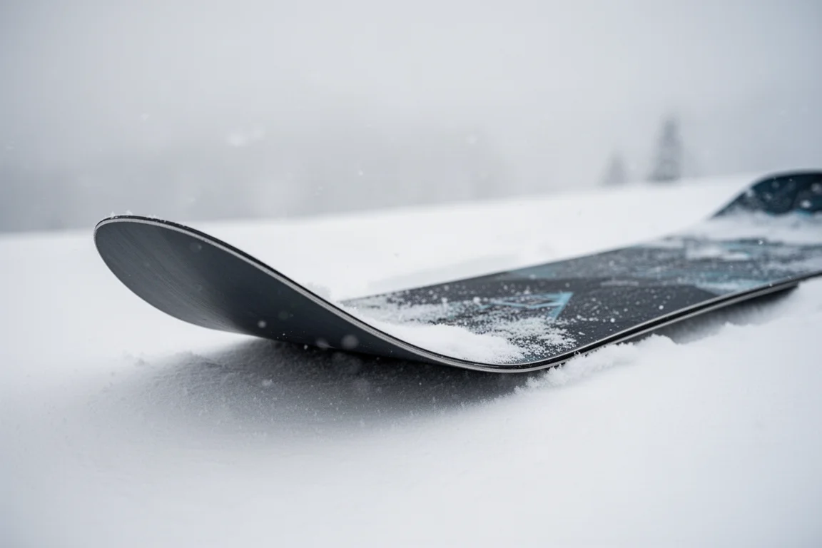 Primer plano del rocker de la cola de una tabla de snowboard curvándose sobre nieve fresca