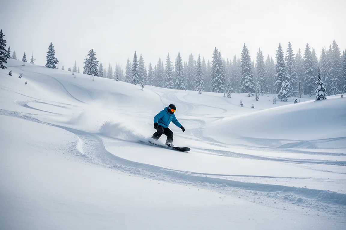 Snowboarder deslizándose por extensos campos de polvo a un ritmo relajado