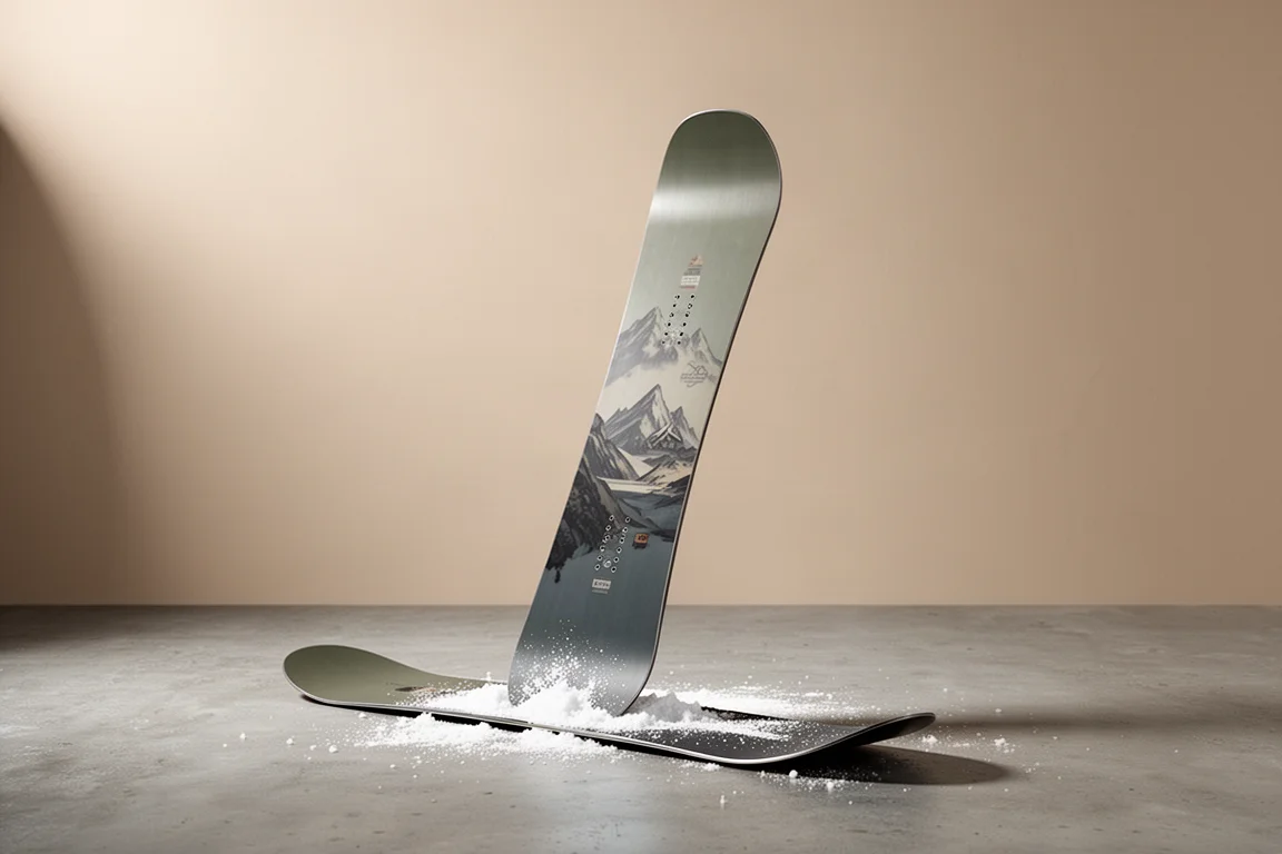 Tabla de snowboard direccional de polvo Salomon Taka EP apoyada en vertical sobre una superficie de hormigón