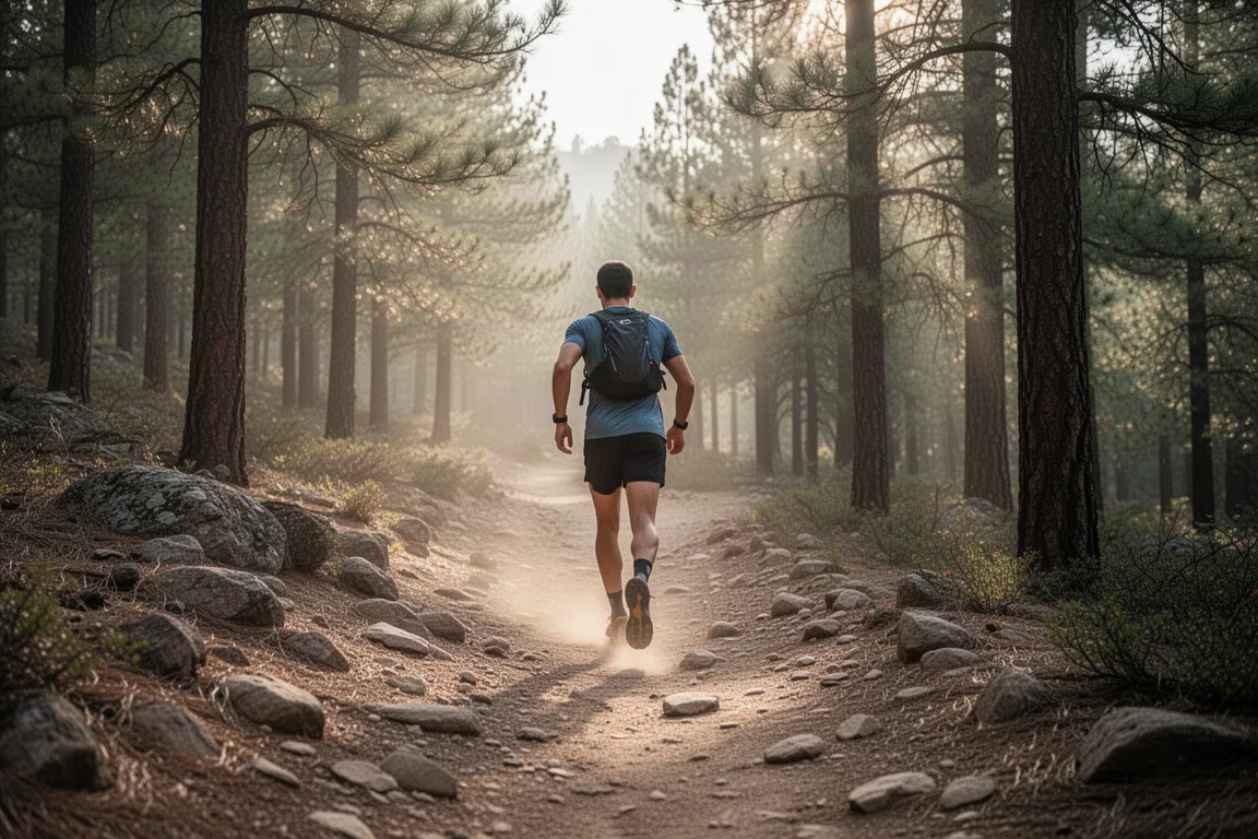 Trailrunner die over een rotsachtig singletrack-pad loopt in zacht ochtendlicht