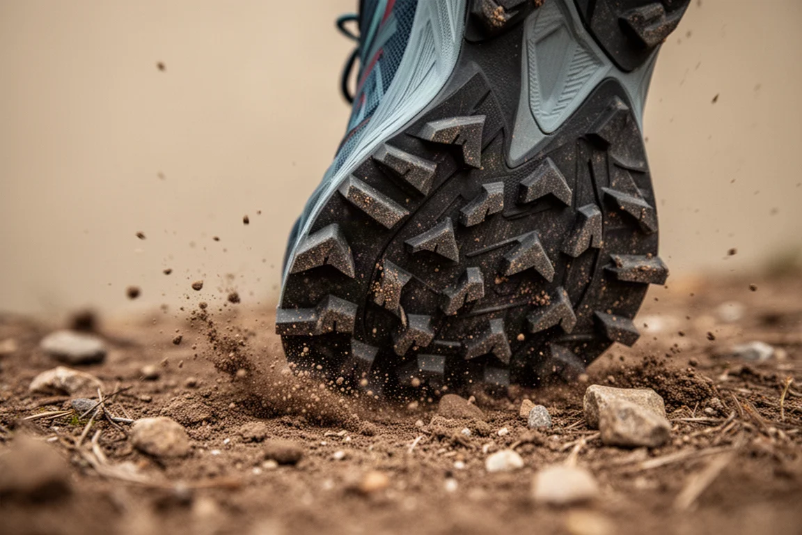 Close-up van diepe noppen op de zool van een trailschoen die grip heeft op losse grond