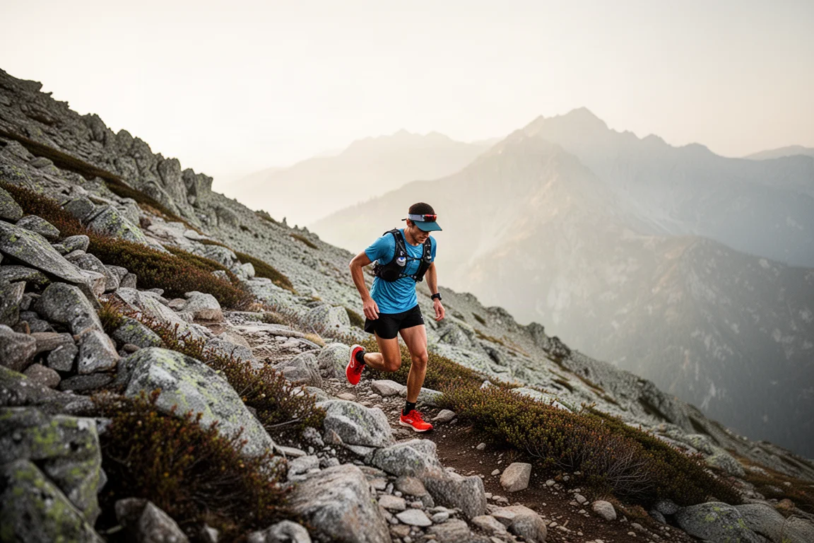 Trailrunner die krachtig omhoog loopt op een steile rotsachtige berghelling