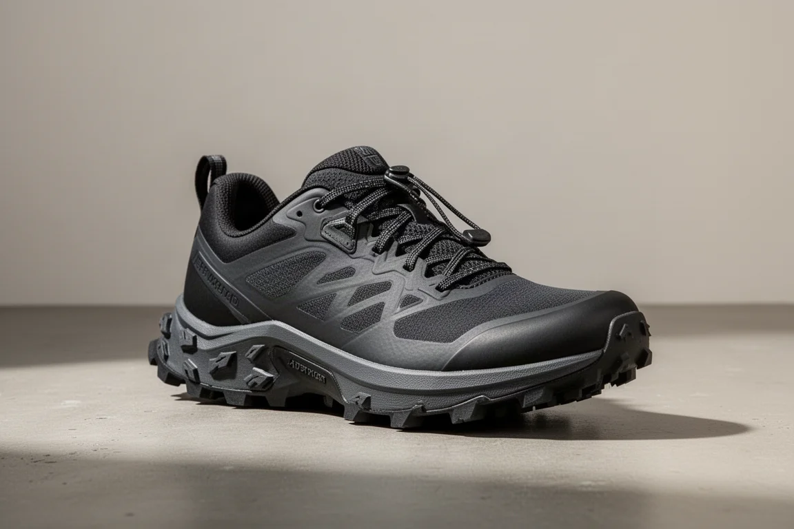 Scarpa trail Salomon Thunder Cross con suola tassellata su superficie di cemento
