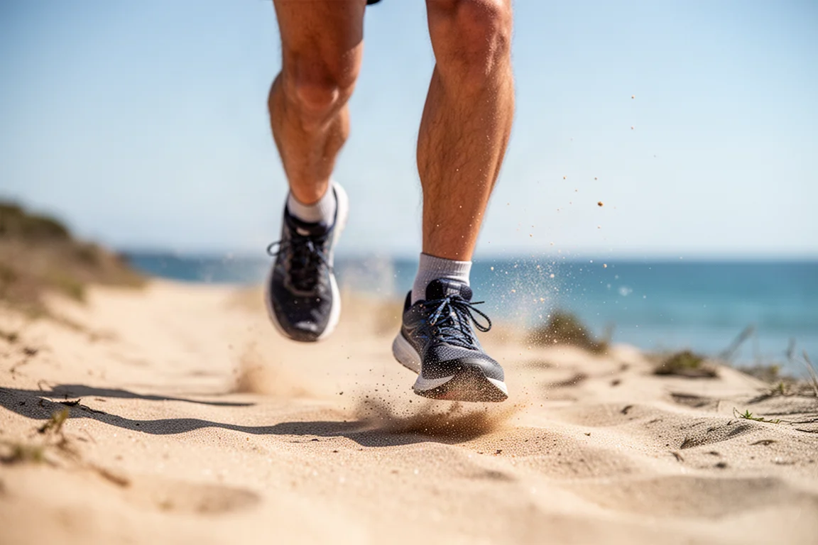 Pies de un corredor de trail en un camino costero arenoso bajo un sol brillante