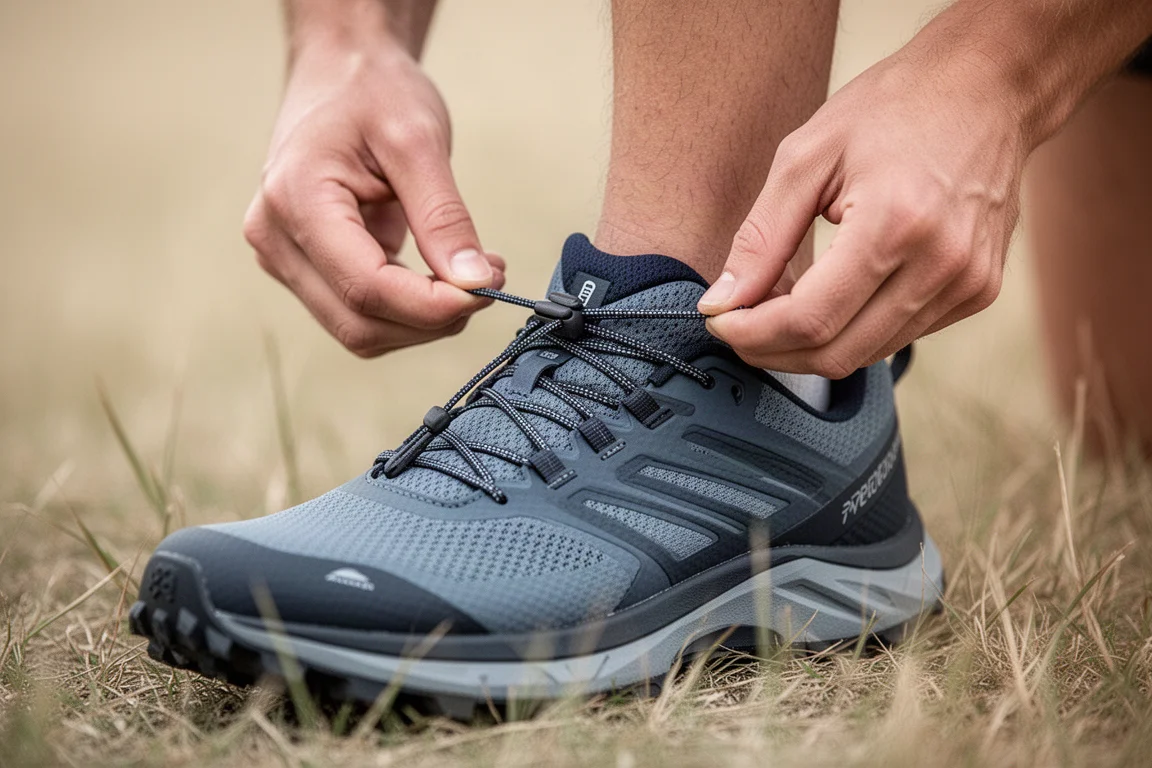 Cordones de una zapatilla de trail ajustándose para un sujeción firme en el mediopié