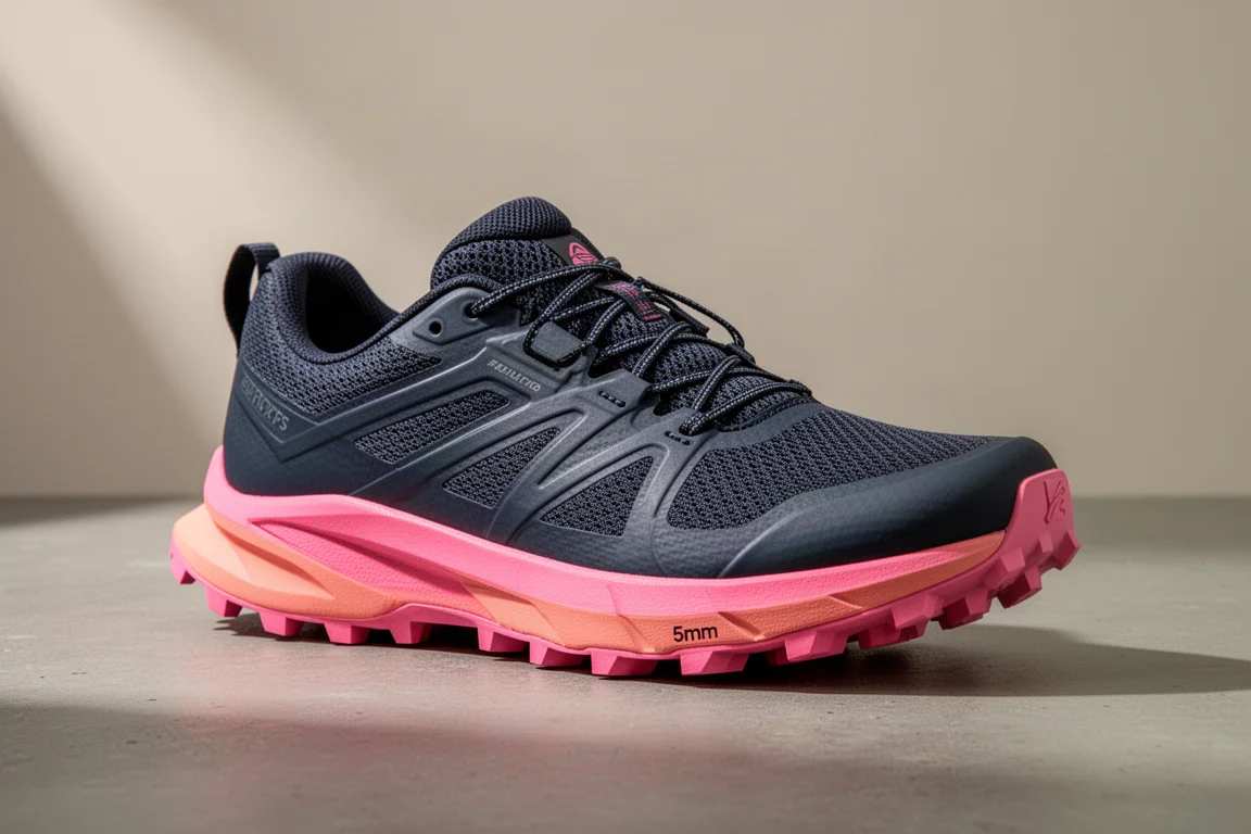 Salomon Thundercross trail running shoe showing mesh upper and pink lugged outsole