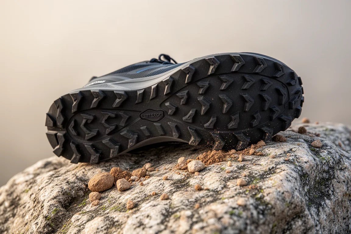 Suola di una scarpa da trail running con tasselli profondi appoggiata su un sentiero roccioso
