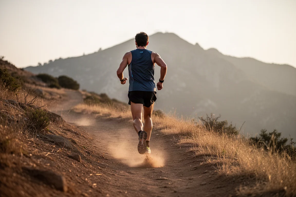 Trail runner veloce su terreno montano asciutto in condizioni di luce ridotta
