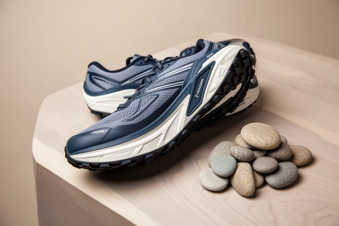 Dettaglio di midsole e chassis di una scarpa da trail running su superficie in legno