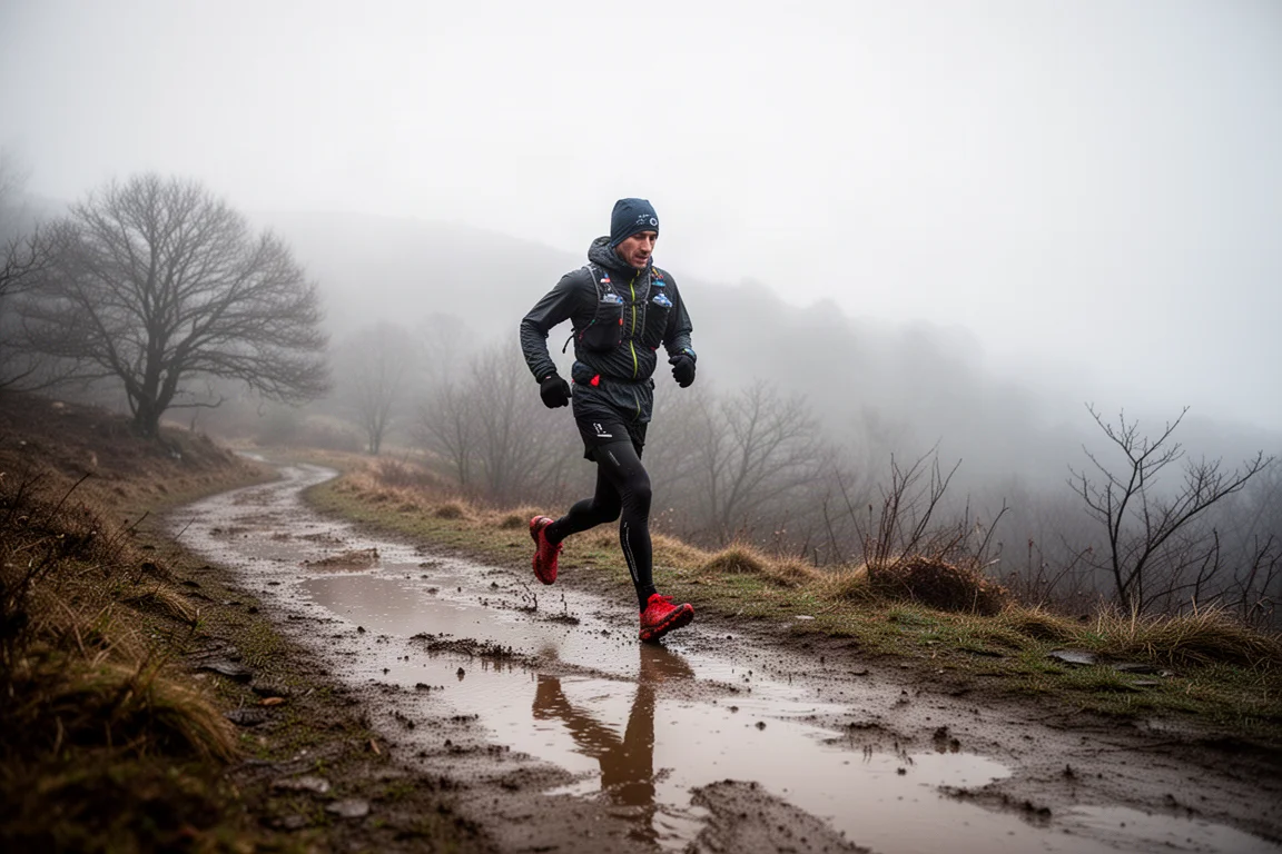 Corridore su un sentiero di montagna bagnato e nebbioso con tempo freddo