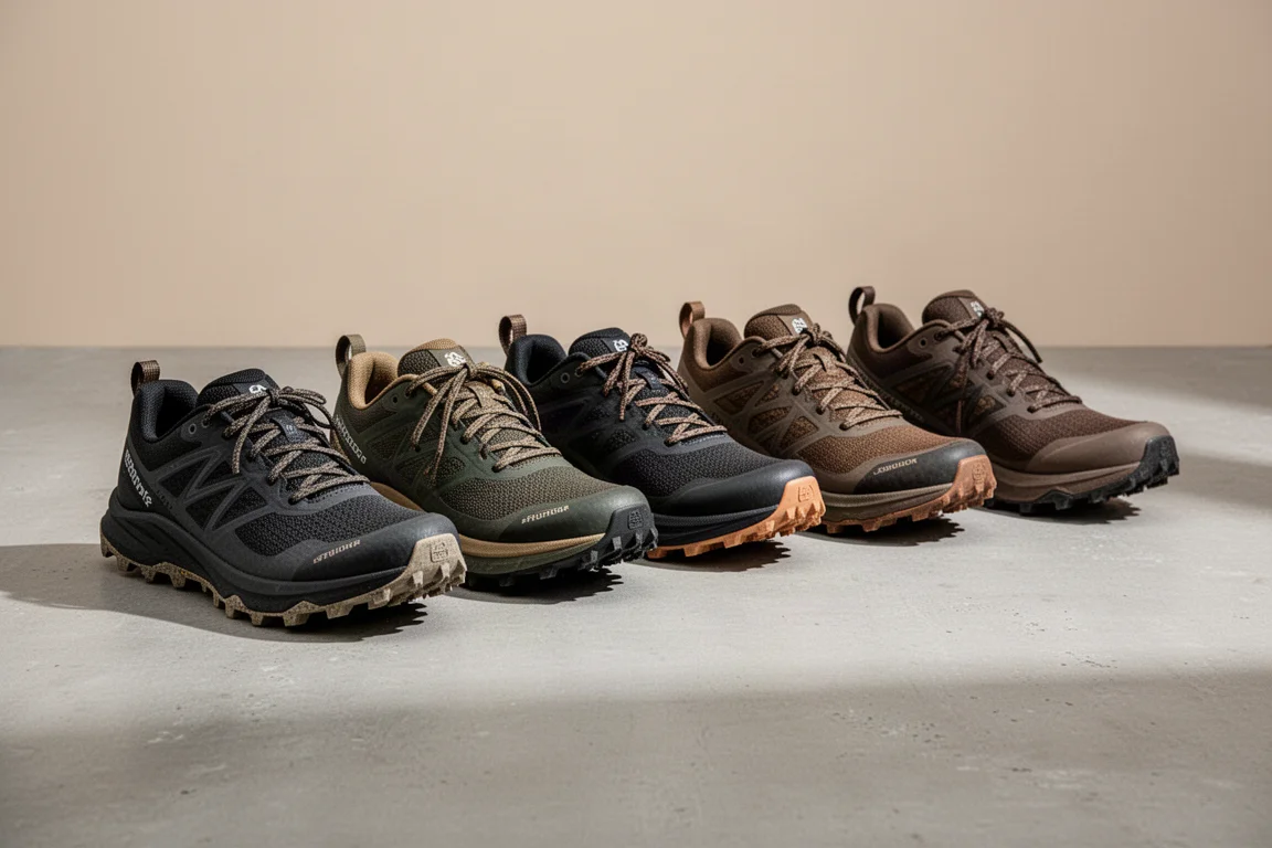 Five trail running shoes arranged in a row on a concrete surface