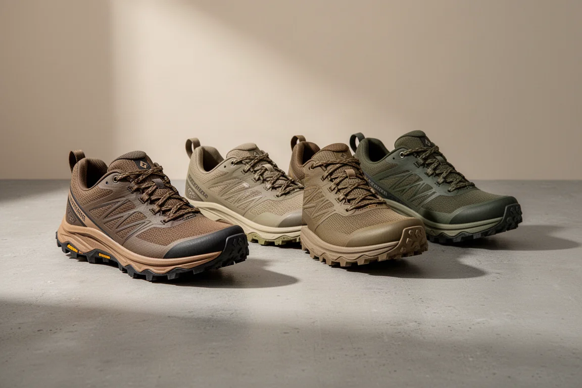 Four Salomon trail running shoes arranged in a row on a concrete surface