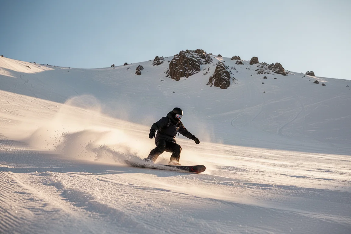 滑雪板手在蓝天下的春季柔滑机压雪道上划出一道长弯