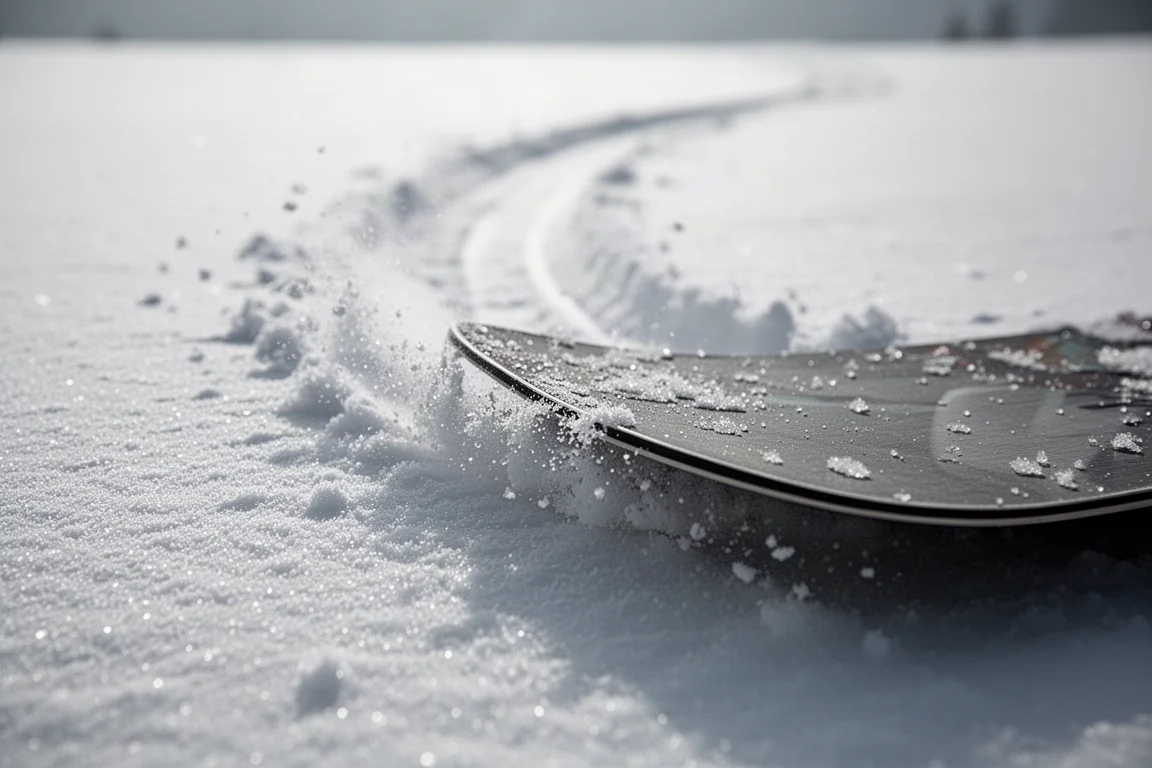 滑雪板刃口与板底切入春季软雪的特写