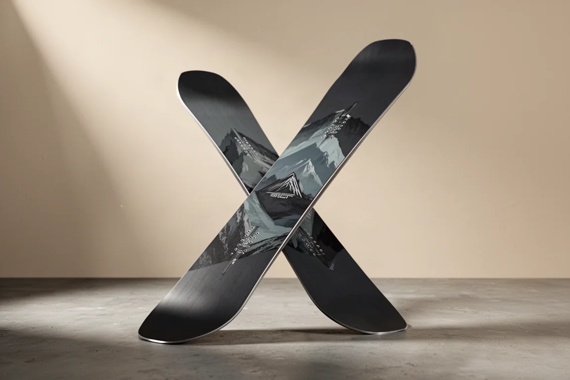 All-mountain snowboard standing upright at a three-quarter angle on a concrete surface