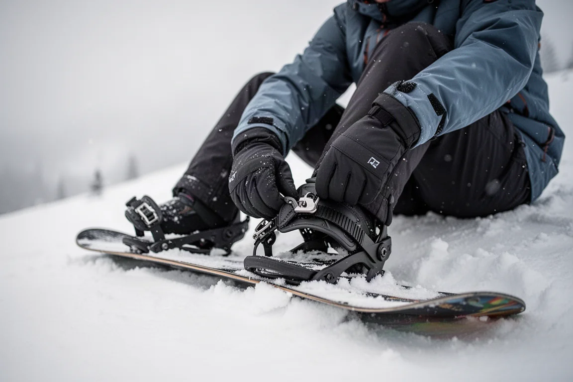 Snowboarder buckling into binding straps on a snowy slope