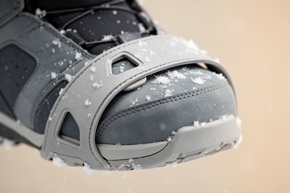 Close-up of a toe strap wrapping over the toe box of a snowboard boot