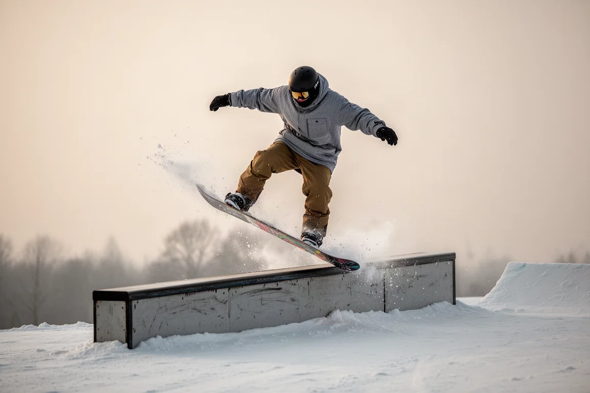 Freestyle snowboarder pressing a board on a park feature