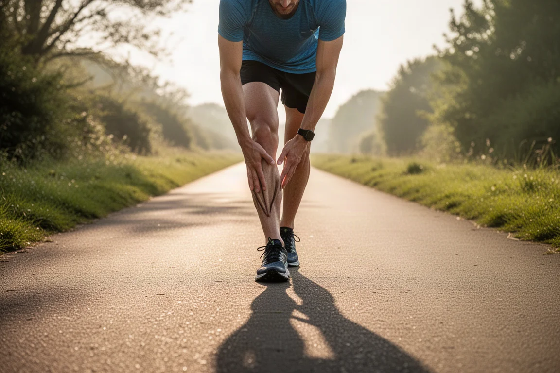 Trail runner stretching tight legs on a paved towpath in warm morning sunshine